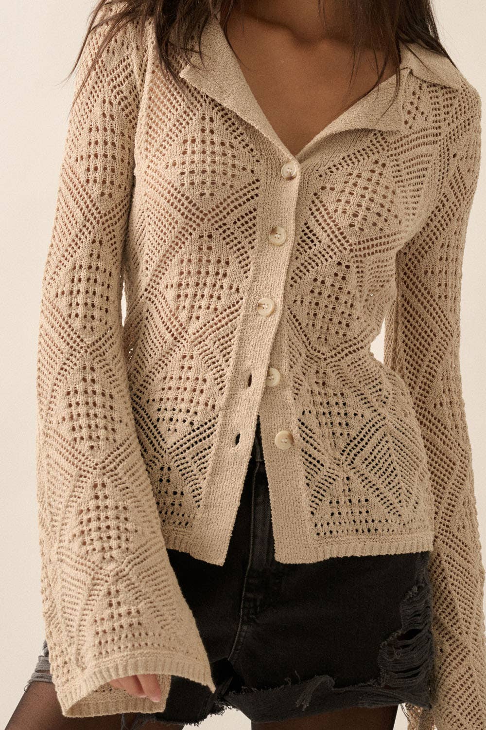 Pointelle Bell-Sleeve Cardigan