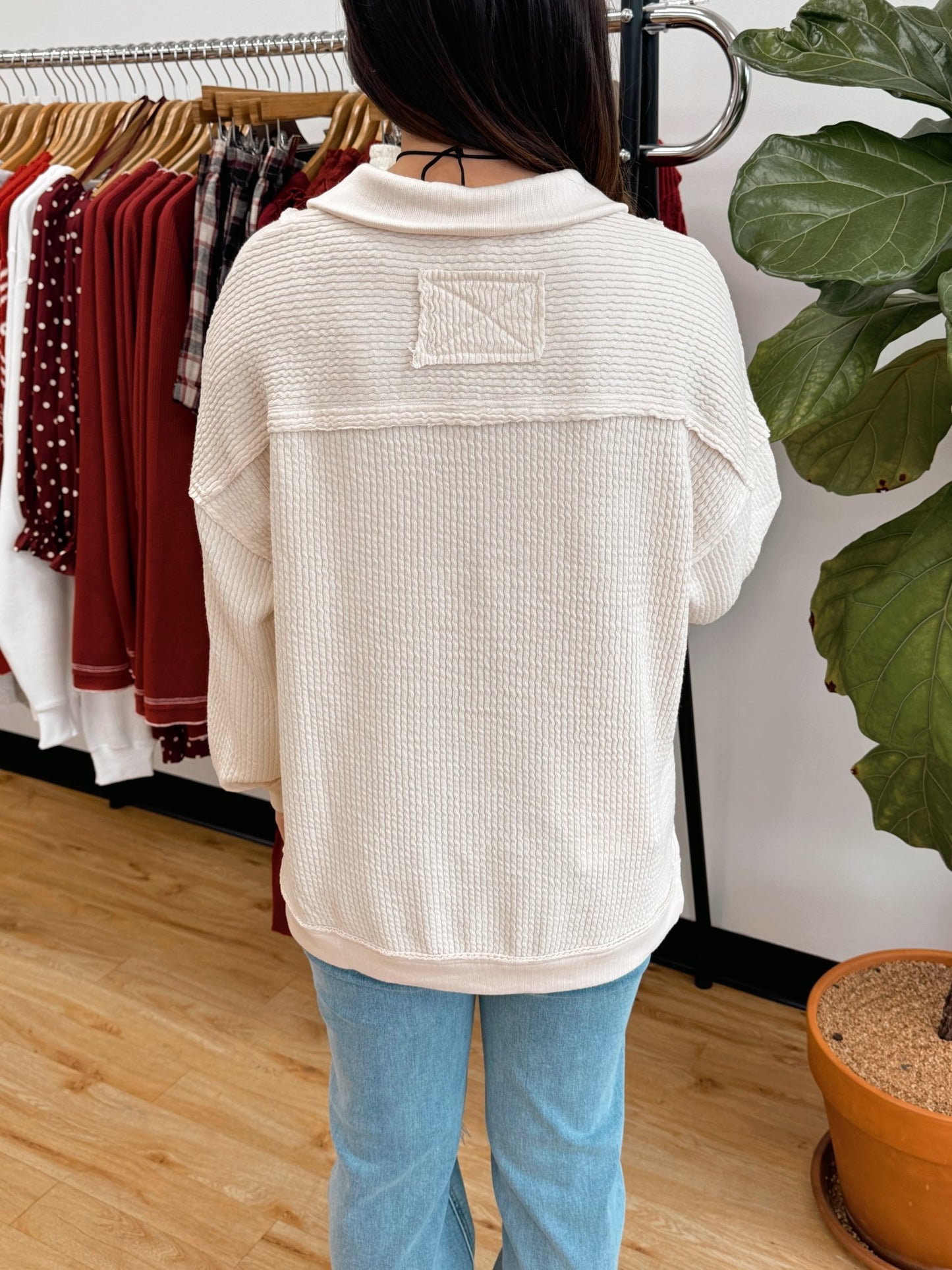 Cream Waffle Knit Zip Top Shirts & Tops