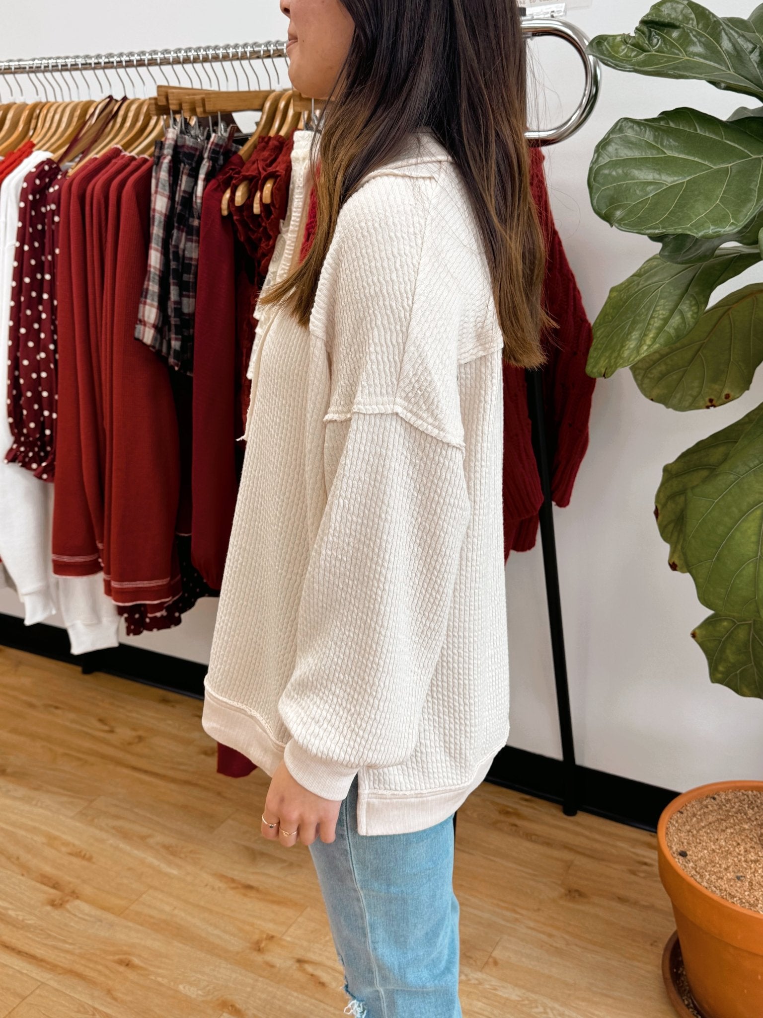 Cream Waffle Knit Zip Top Shirts & Tops