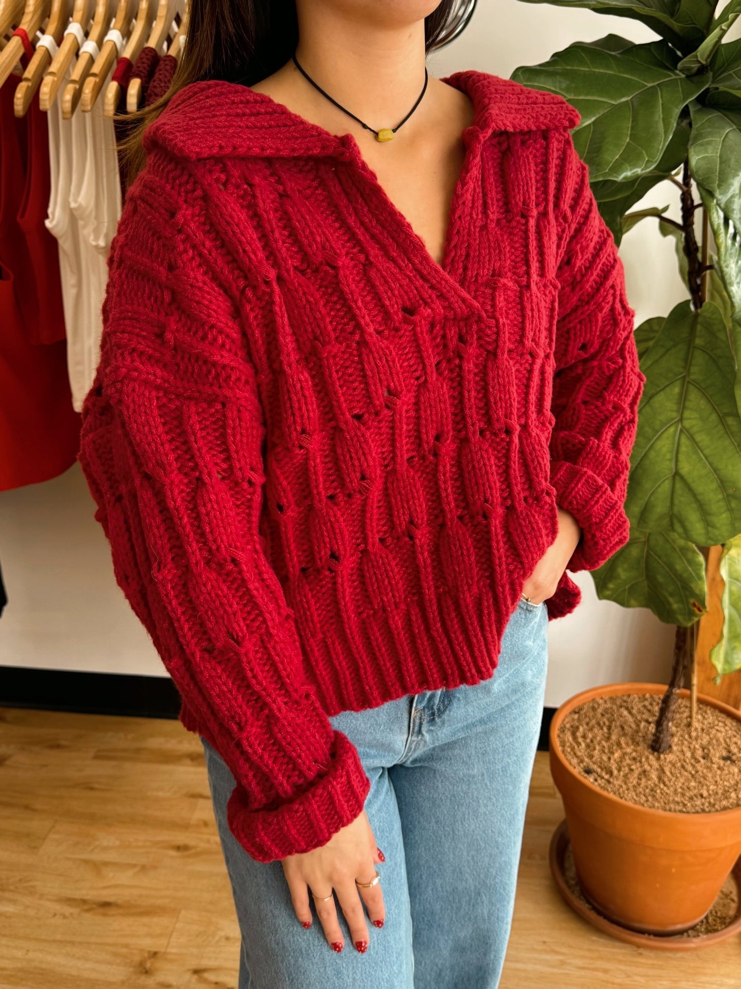 Crimson Chunky Knit Sweater Shirts & Tops