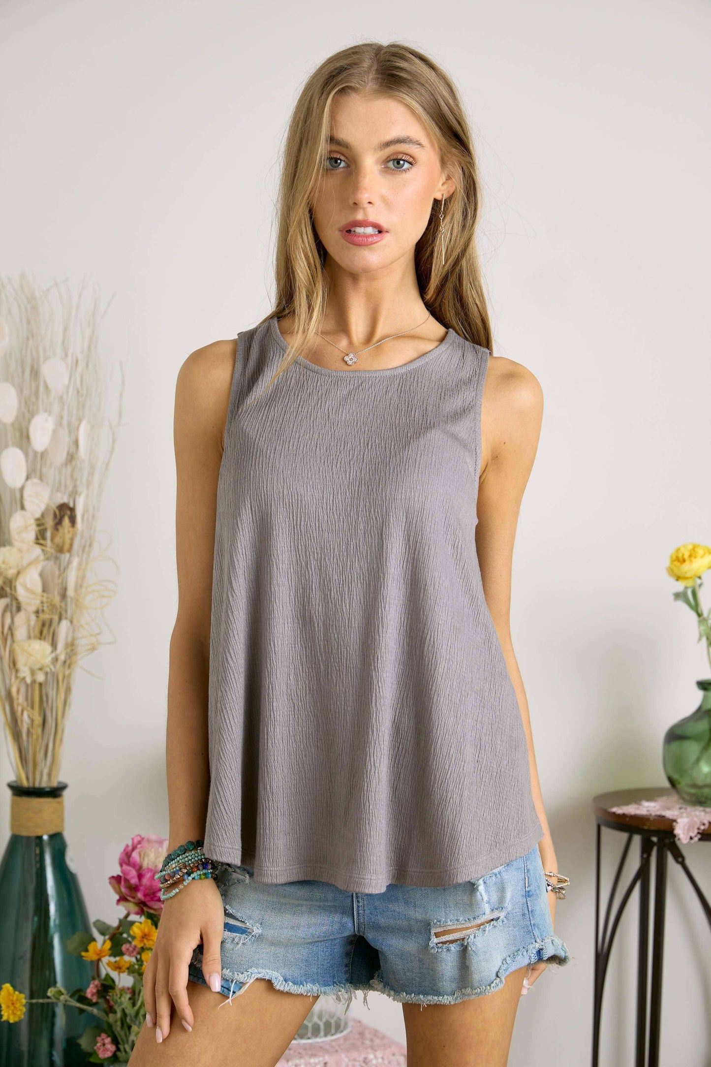 Lace Back Grey Tank Top