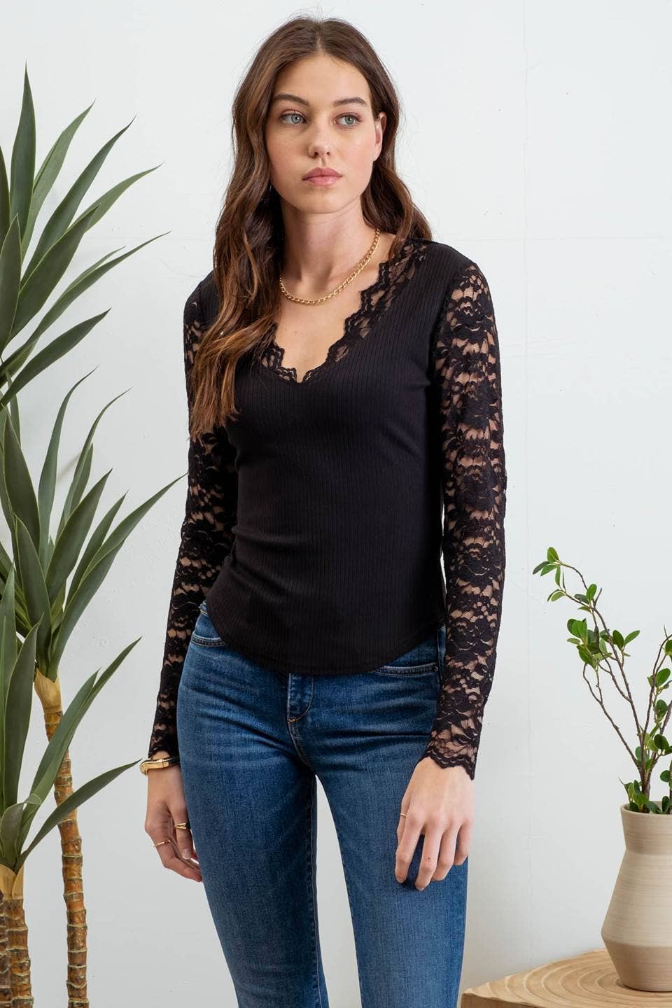 Lace Trim V Neck Top