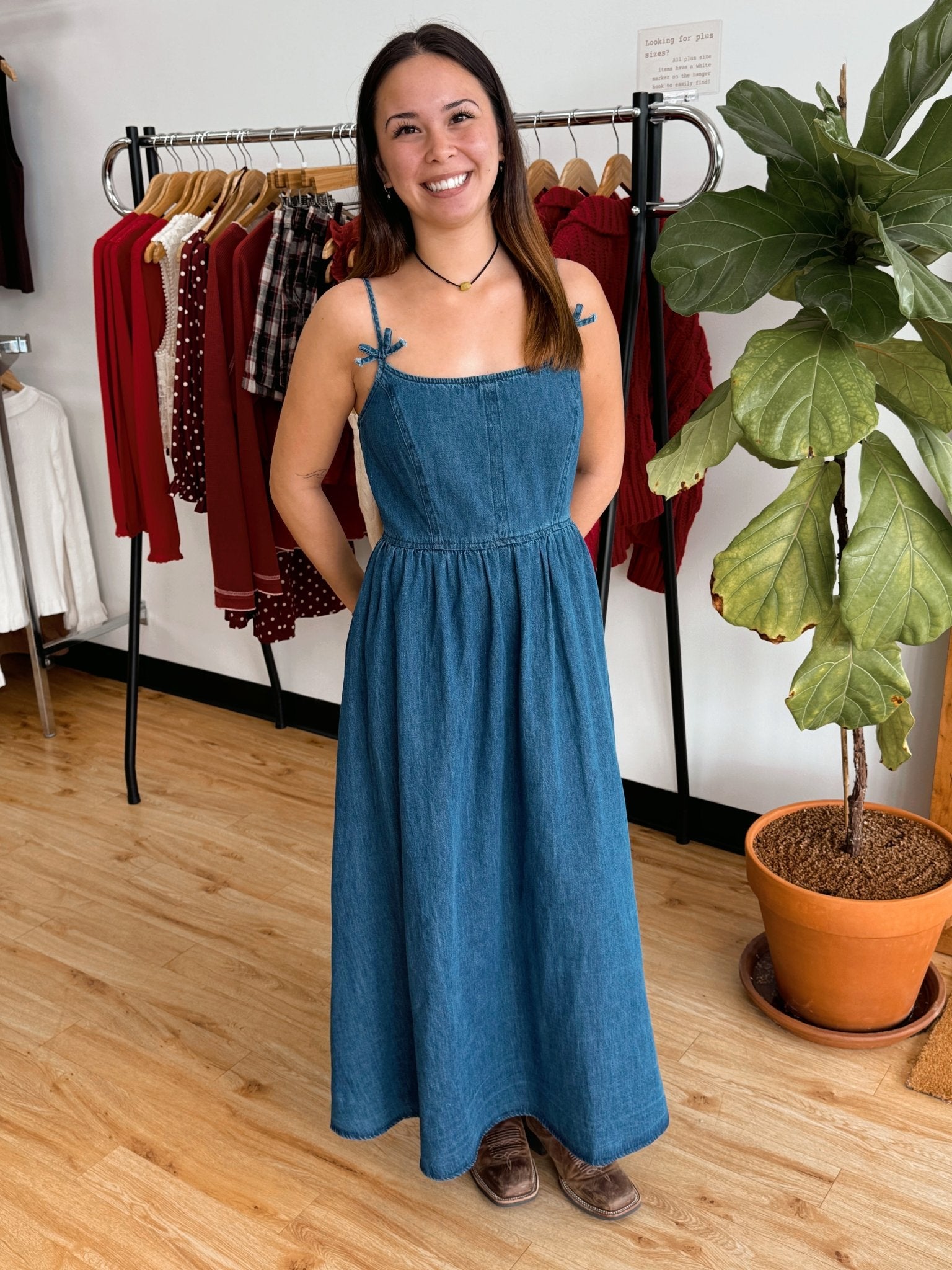 Denim Bow Midi Dress Dress