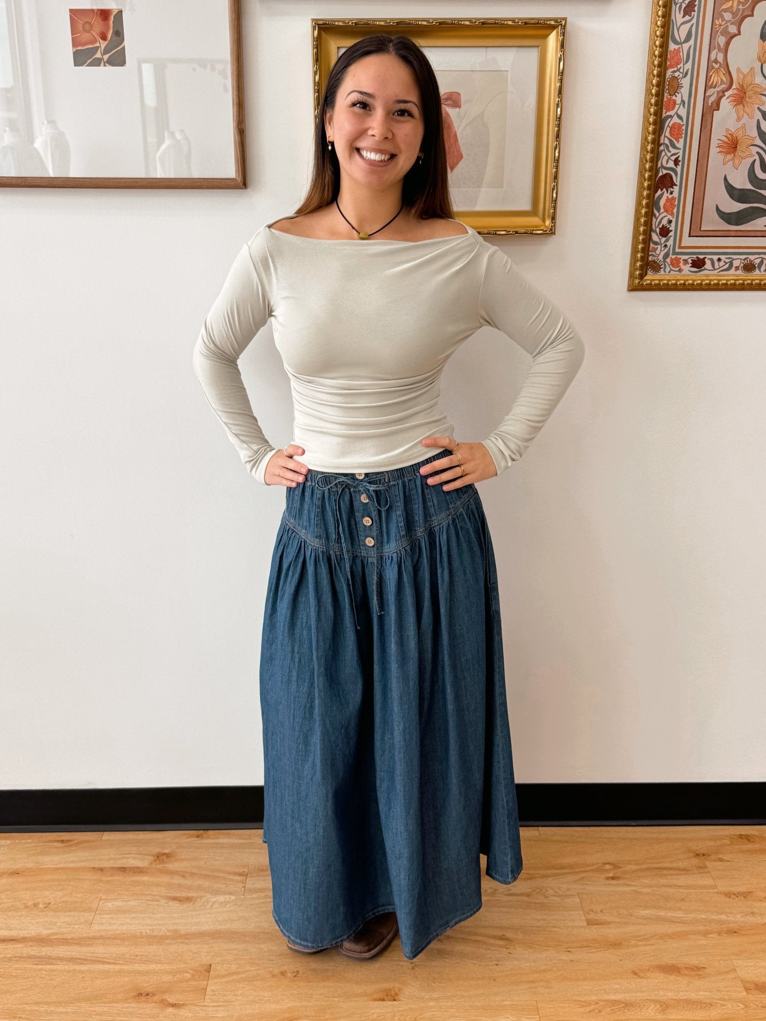 Denim Pintuck Maxi Skirt Skirt