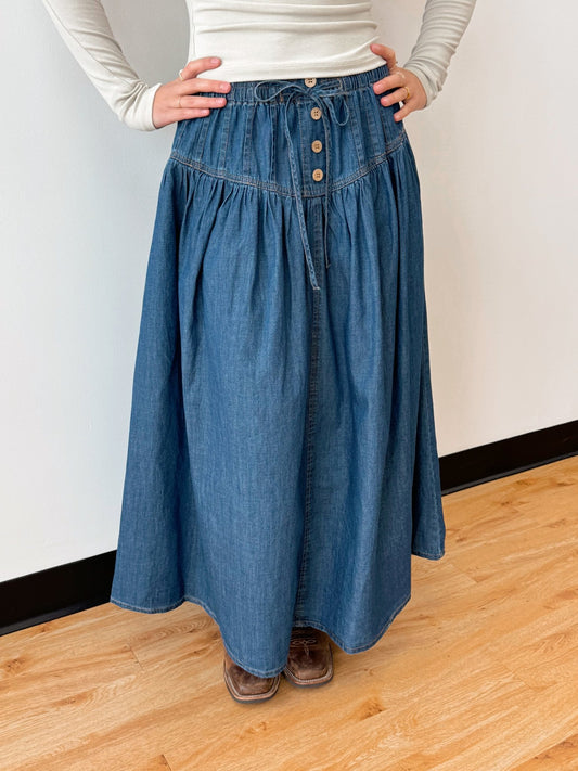Denim Pintuck Maxi Skirt Skirt