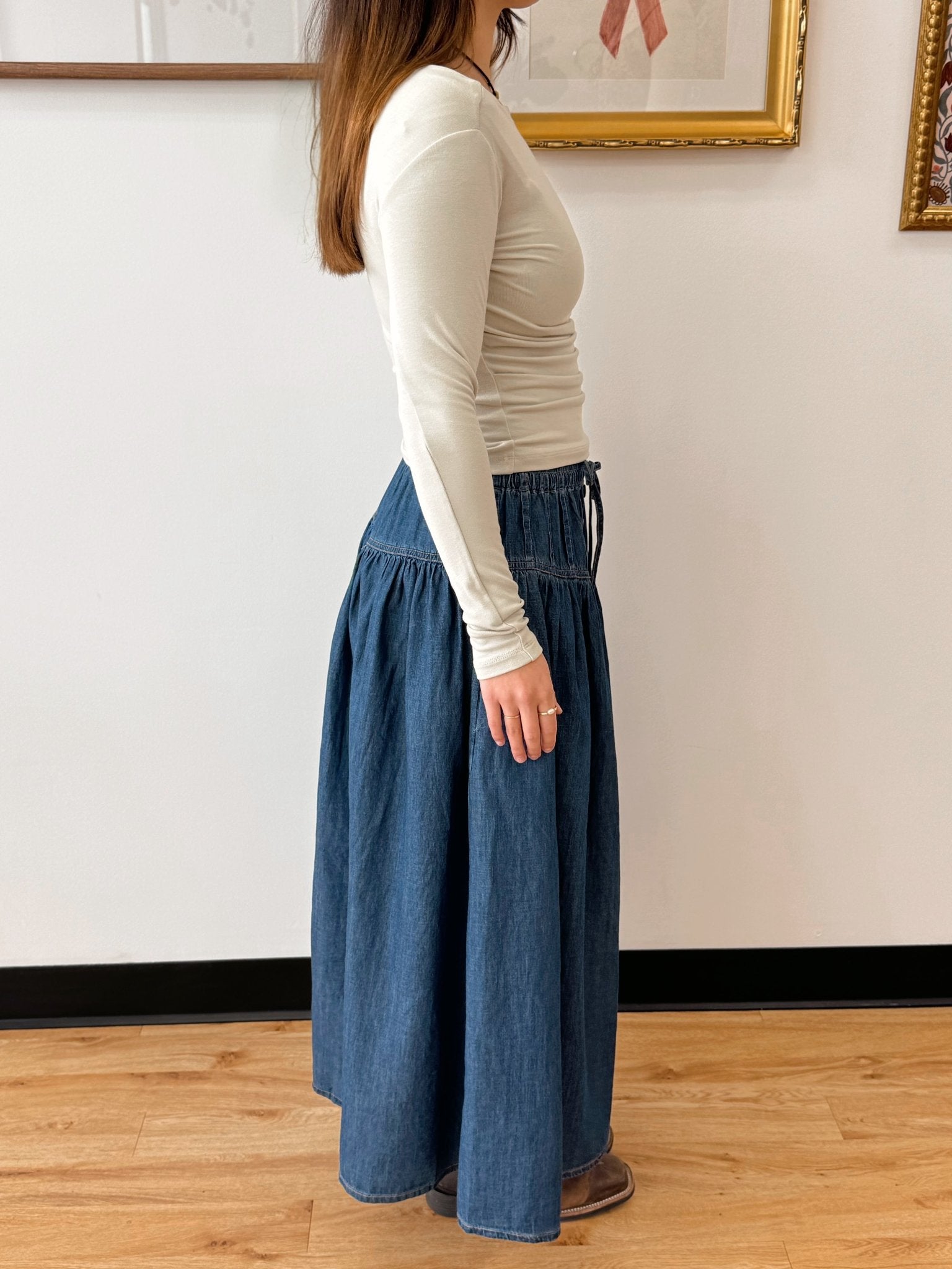 Denim Pintuck Maxi Skirt Skirt