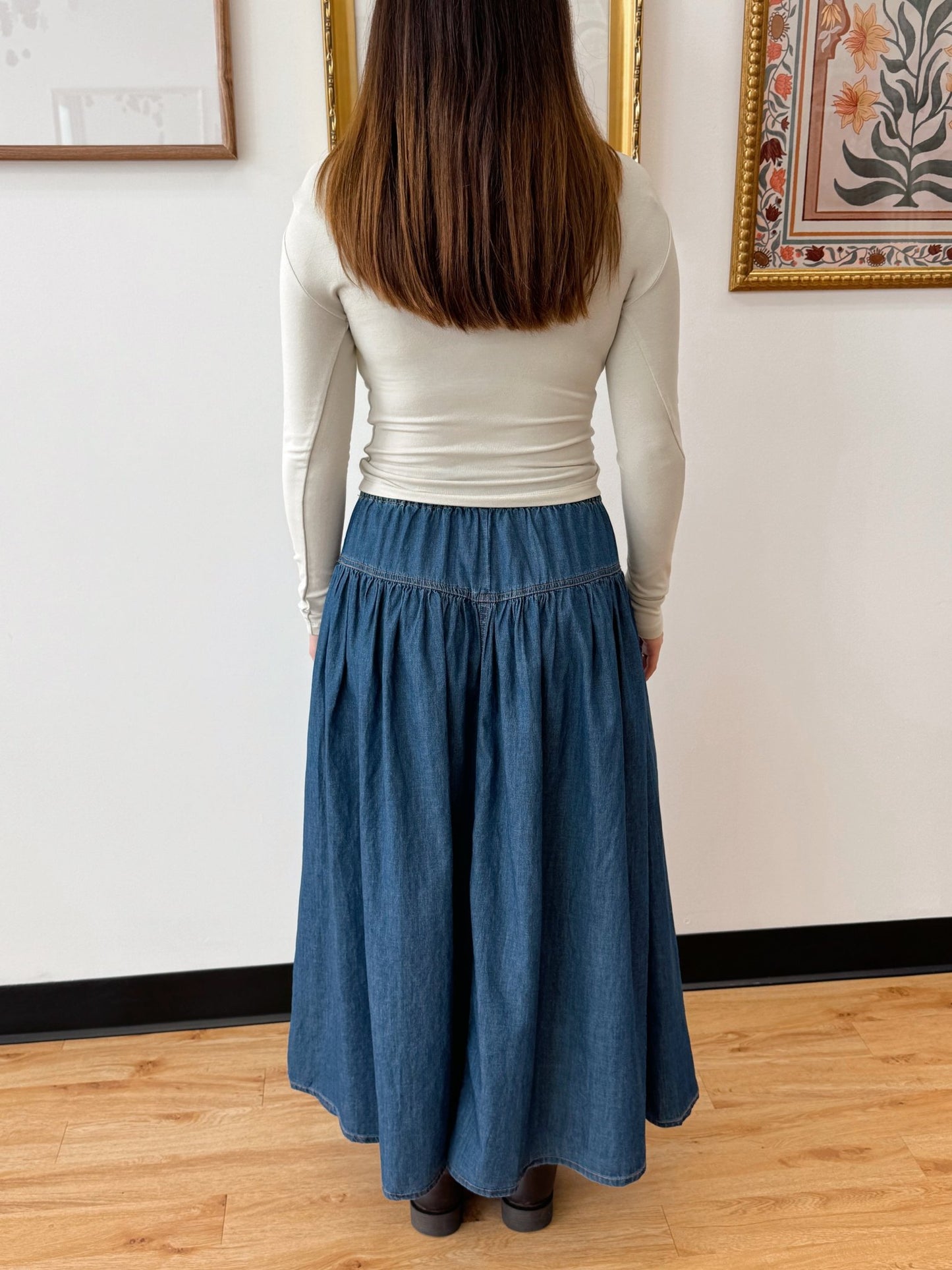 Denim Pintuck Maxi Skirt Skirt