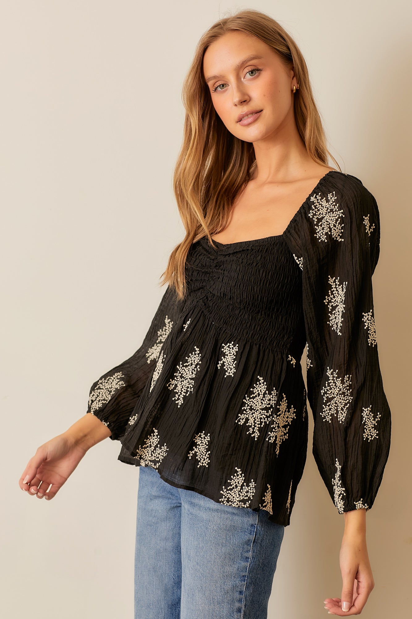 Embroidered Sweetheart Long-sleeve Top