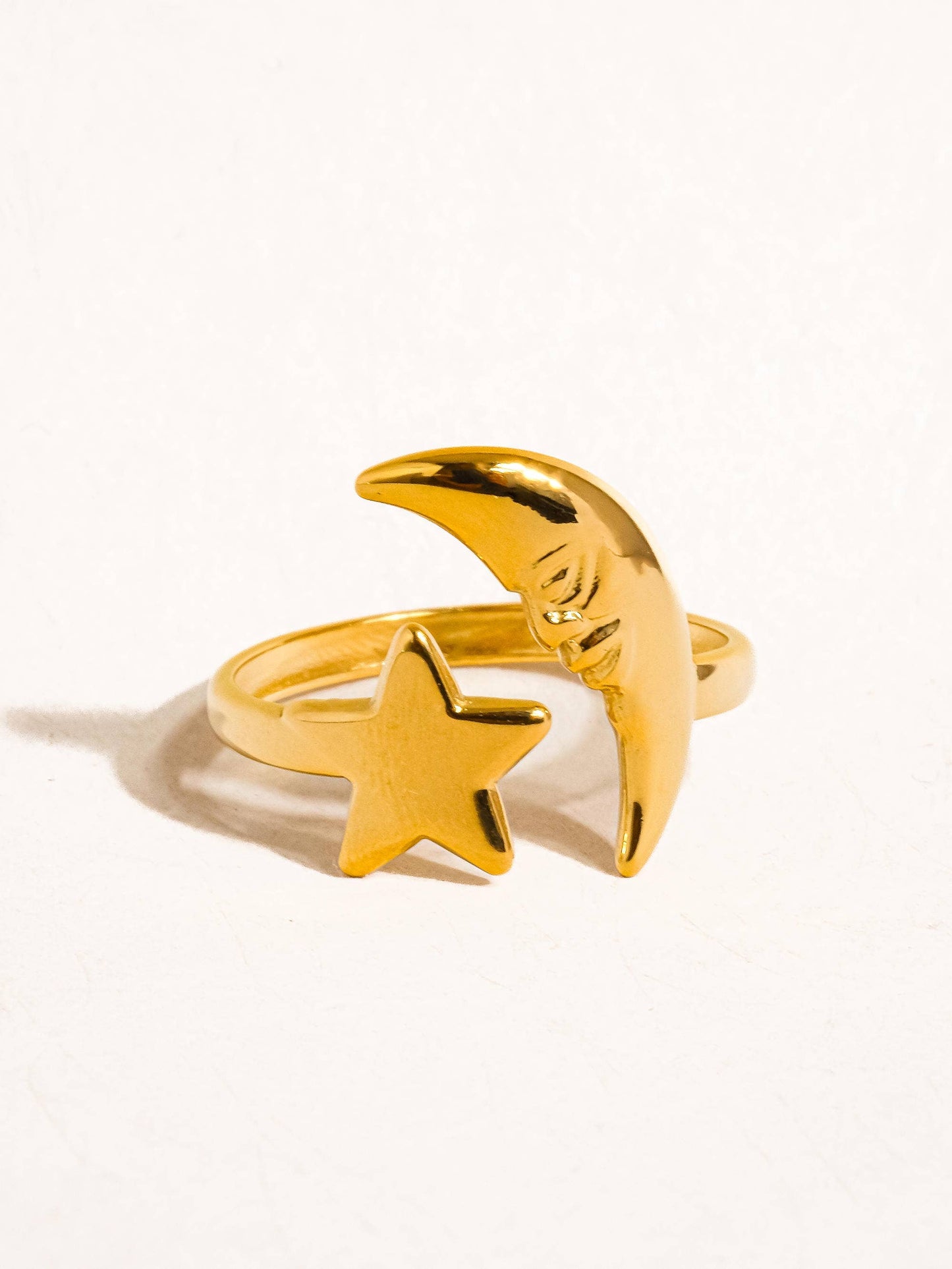 18K Gold Non-Tarnish Star and Moon Ring