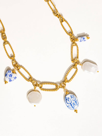 18K Gold Non-Tarnish Ceramic Floral Chain Necklace