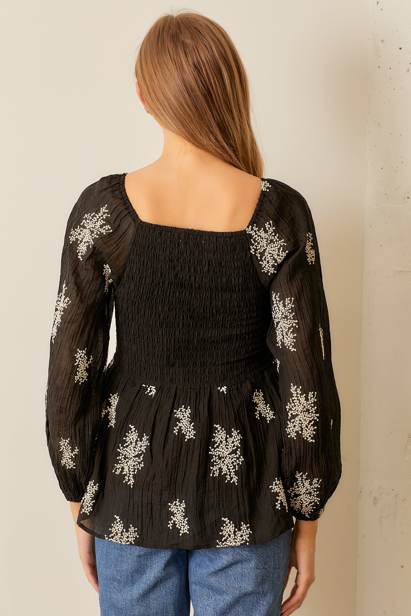 Embroidered Sweetheart Long-sleeve Top