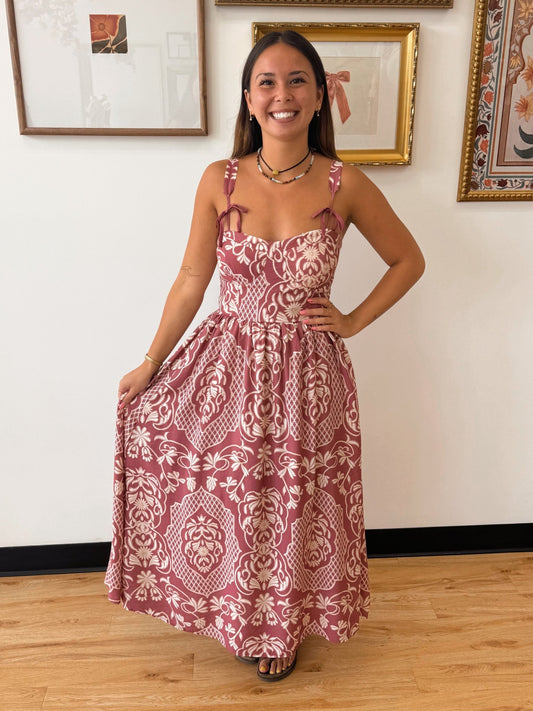 Floral Damask Bow Strap Midi Dress Dress