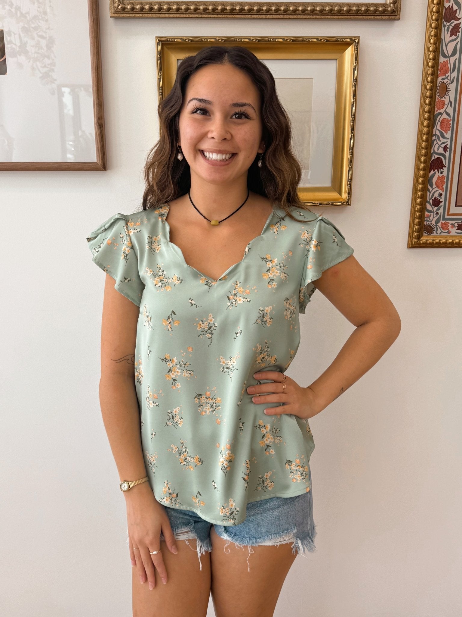 Floral Satin Scallop Neck Blouse Shirts & Tops