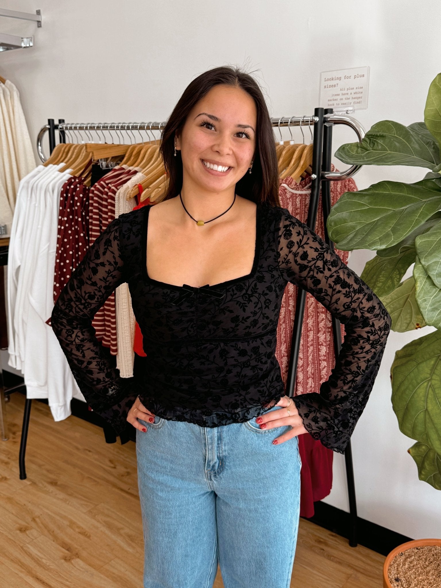Floral Velvet Sheer Sleeve Top Shirts & Tops