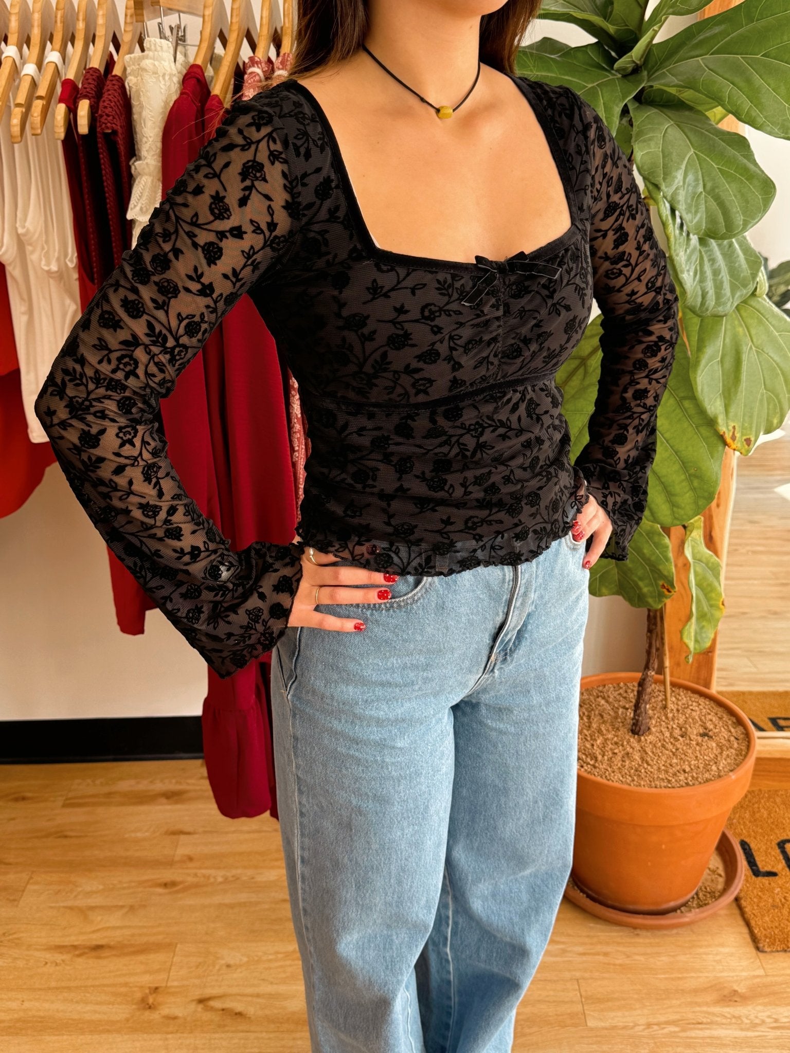 Floral Velvet Sheer Sleeve Top Shirts & Tops