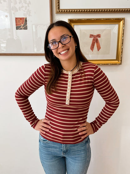Henley Stripe Ribbed Knit Top Small Red Shirts & Tops
