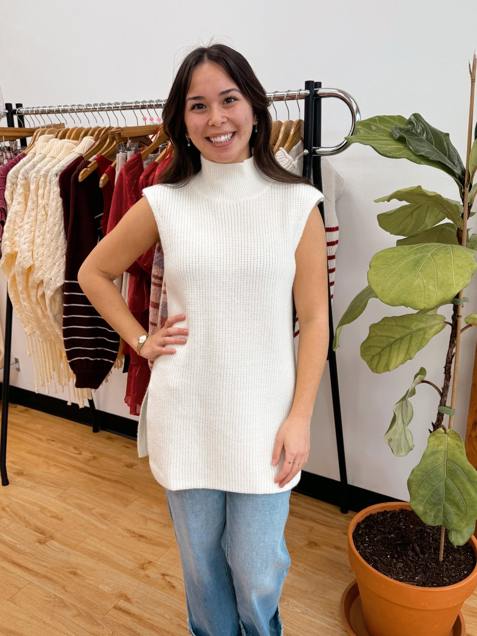 High Neck Sleeveless Sweater Top Shirts & Tops