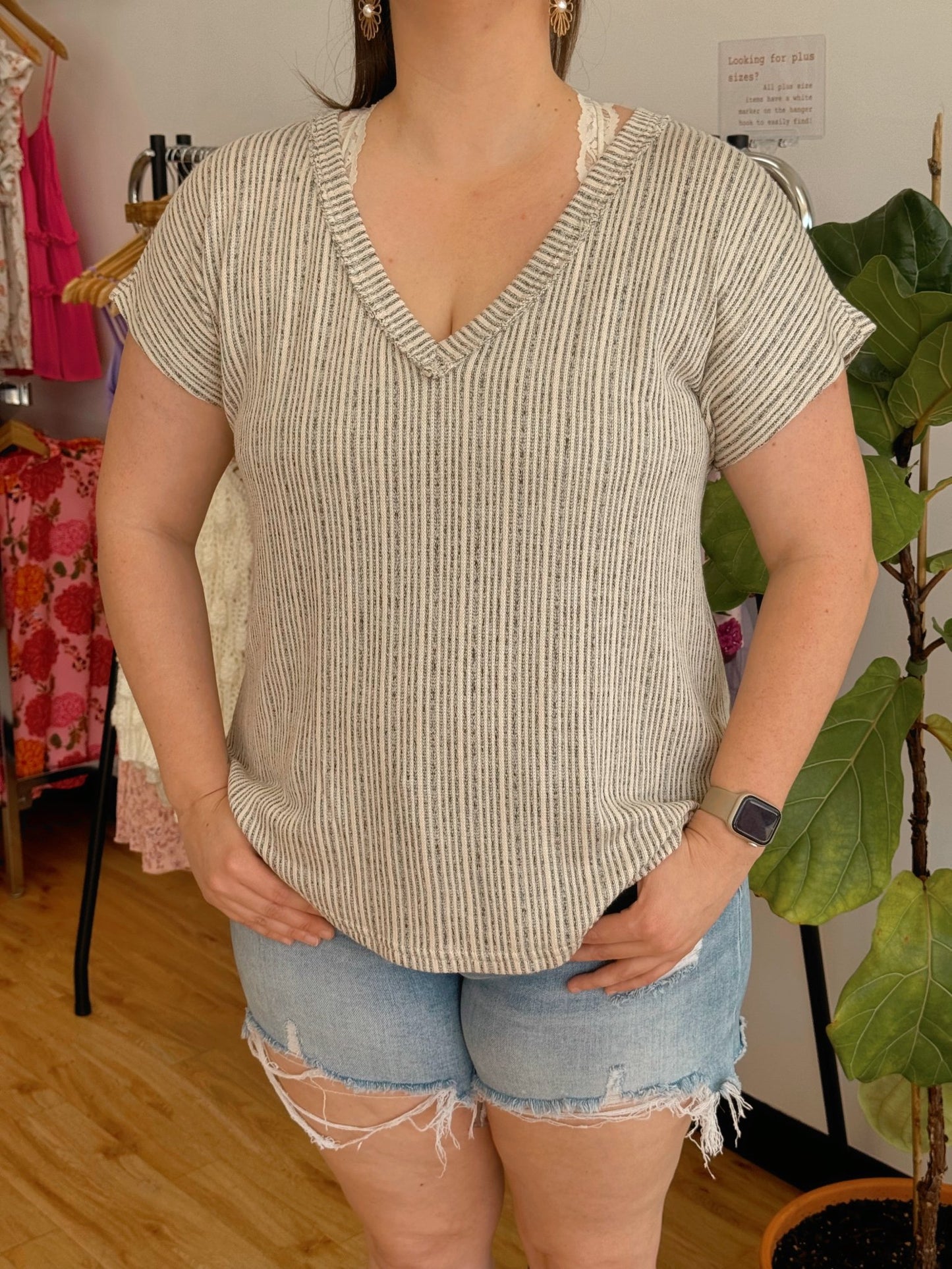 Plus Striped V-Neck Top Shirts & Tops