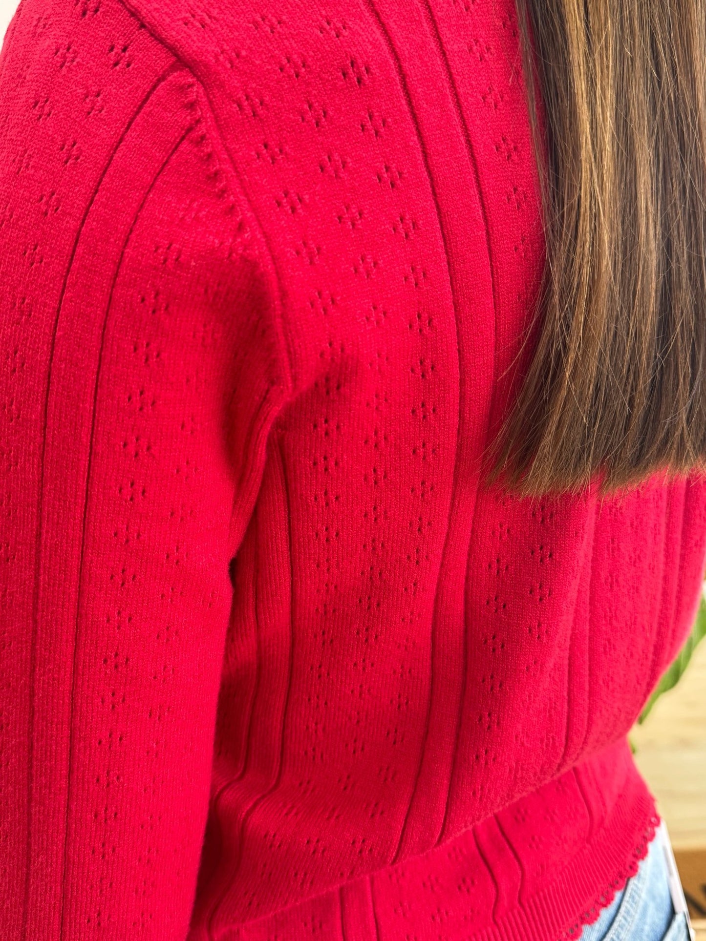 Pointelle Red Cardigan Shirts & Tops