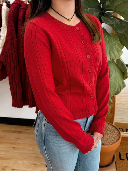 Pointelle Red Cardigan Shirts & Tops