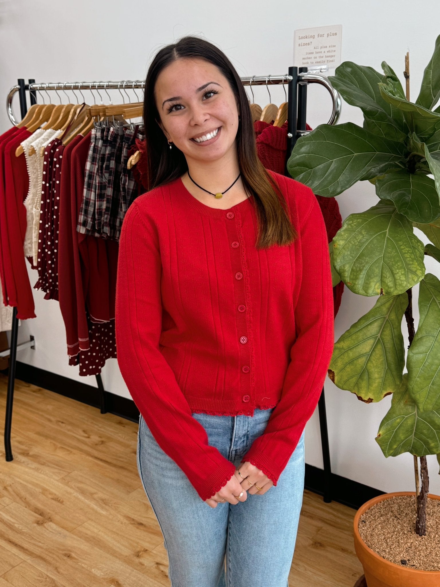 Pointelle Red Cardigan Shirts & Tops