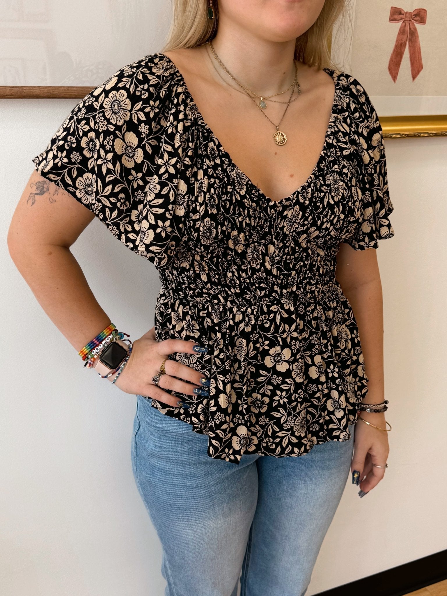 V-Neck Smocked Bodice Top Shirts & Tops