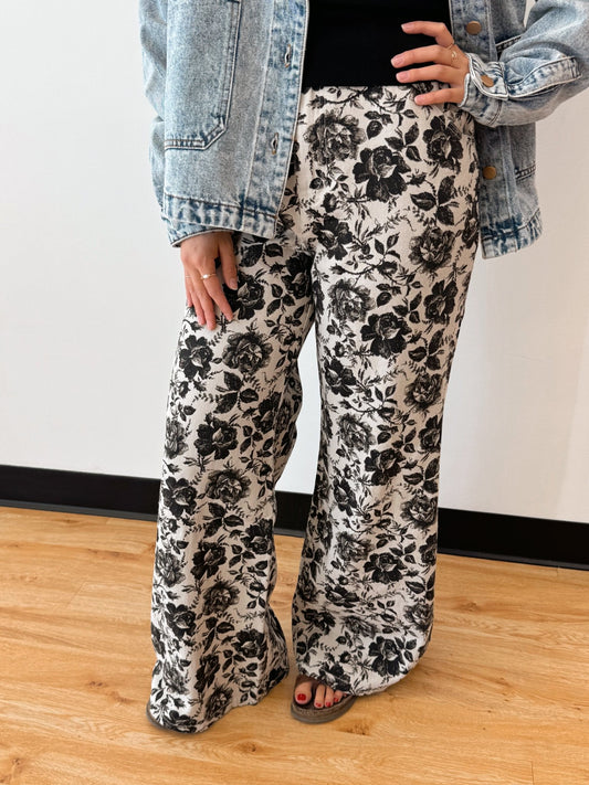 Vintage Washed Floral Denim Pants Bottoms